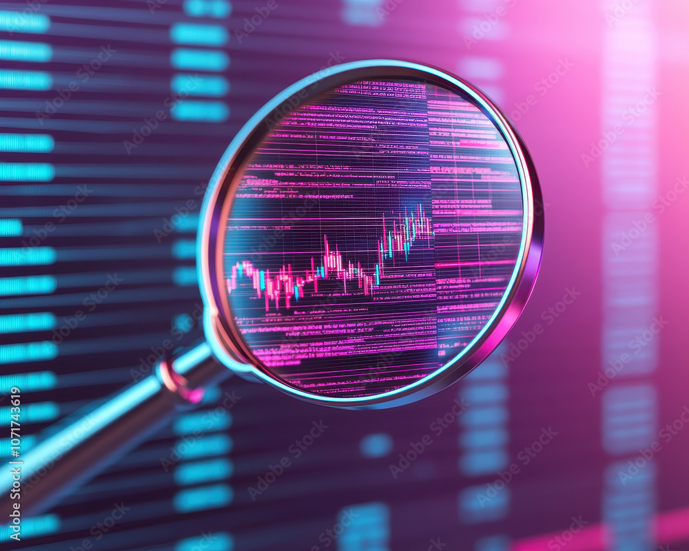 Poster digital financial graph viewed through floating magnifying glass, showcasing data trends and analysi