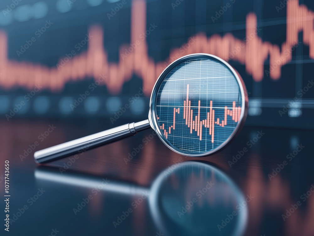 Aufkleber digital magnifying glass focusing on graph with fluctuating data trends, symbolizing analysis and in
