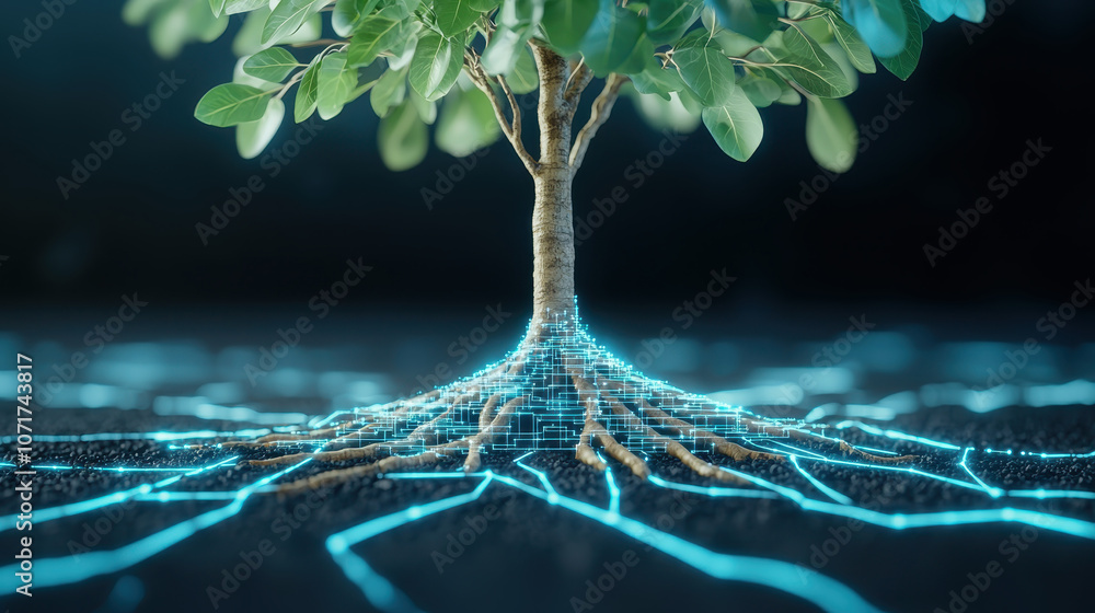 Aufkleber tree with vibrant green leaves has roots extending into glowing digital network, symbolizing connect