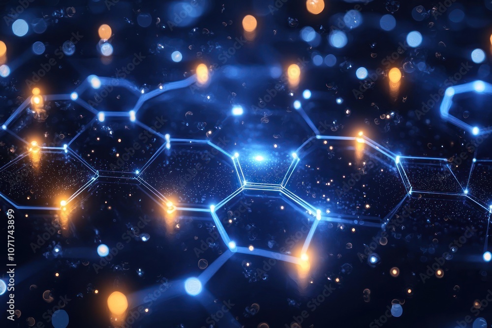 Poster abstract hexagonal network with blue and orange lights