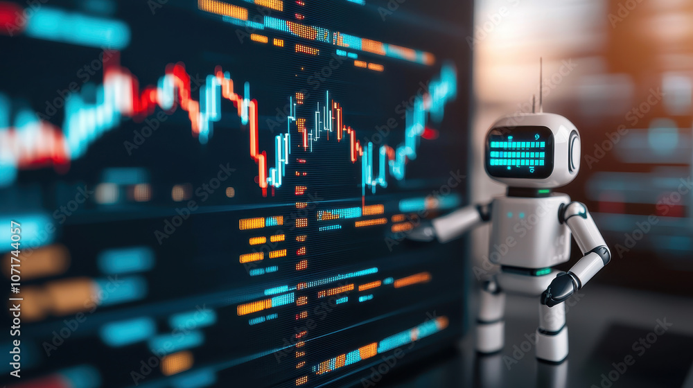 Poster futuristic trading robot analyzing financial charts with precision and insight, showcasing advanced 