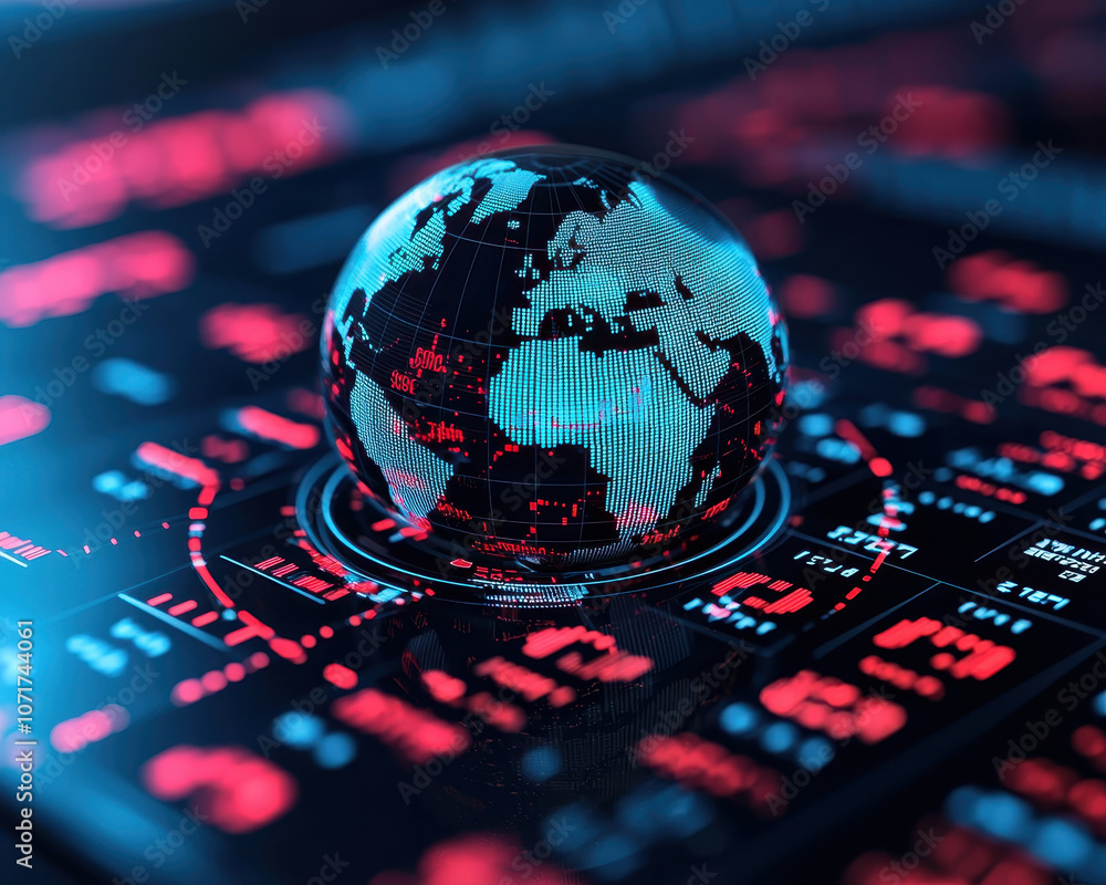 Poster digital globe displaying world map on futuristic interface with stock market numbers, symbolizing gl