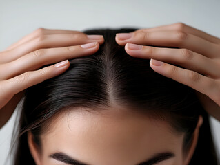 Close-up view of a woman inspecting her hair, focusing on the scalp for signs of hair thinning or scalp issues