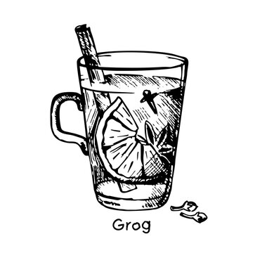 Hot grog cocktail. Hand-drawn sketch style Christmas winter or autumn warm drink in a coupe glass garnished with cloves and lemon zest twist. Hot mulled wine for Christmas and winter