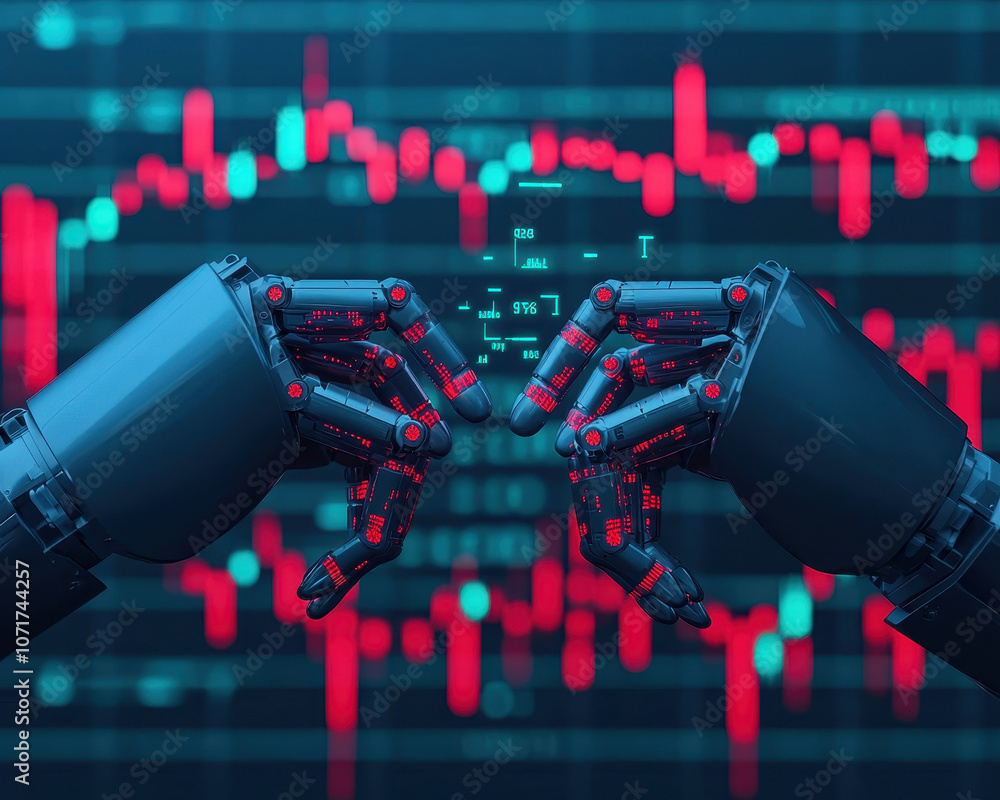 Poster cybernetic arms analyzing stock market algorithms, showcasing advanced technology and data manipulat