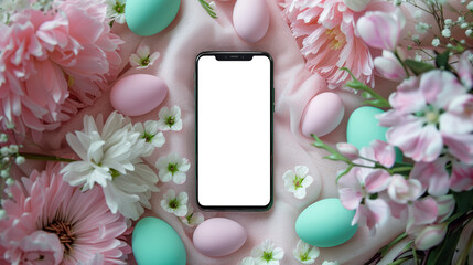 Generative AI. Screen template.  Mobile phone screen layout template, on Easter background. Easter background, Easter eggs, spring flowers