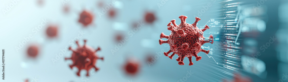 Poster close up of virus with digital data visualization, representing infection spread and health concerns