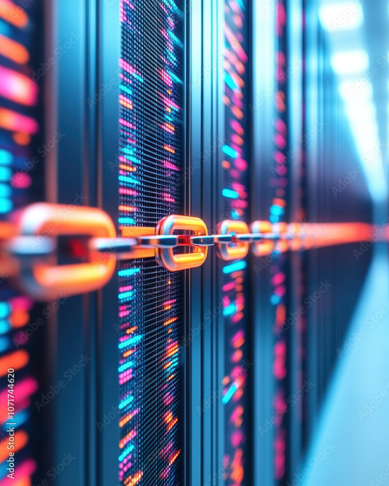 Poster high tech data center with illuminated server racks and vibrant cables. image showcases modern netwo