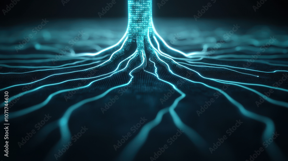 Aufkleber digital tree roots growing into glowing network, symbolizing technology and nature connection. vibra