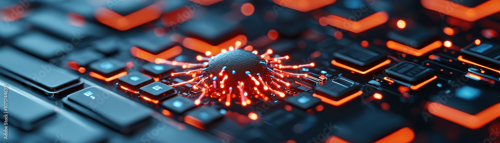 Poster magnified view of malware spreading through computer keyboard, showcasing vibrant colors and intrica