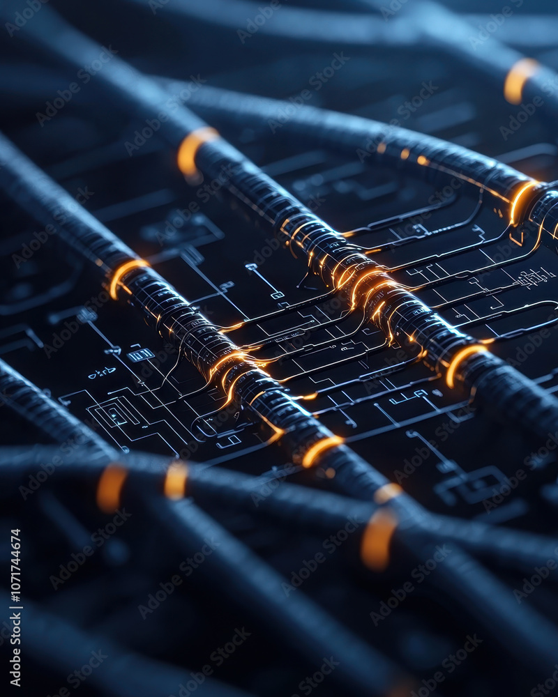 Poster abstract representation of interconnected circuits and glowing lines, showcasing futuristic technolo
