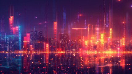 Abstract cityscape with vibrant data visuals and glowing elements.
