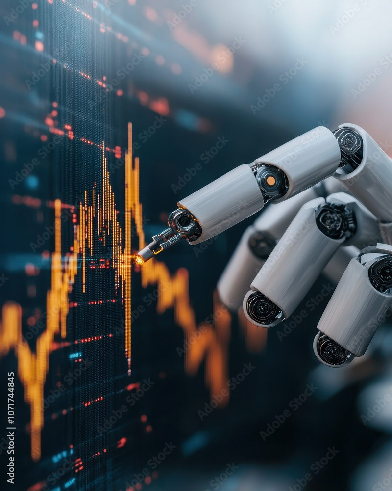 Aufkleber robotic hand analyzing stock market data on digital screen, showcasing advanced technology and algor