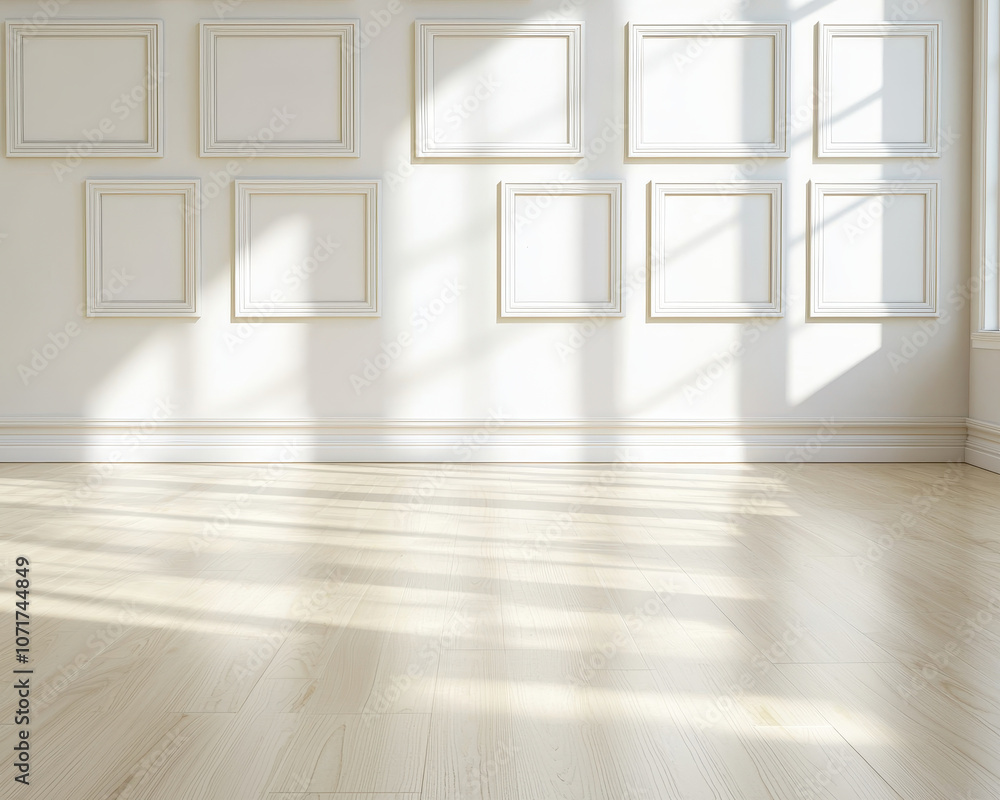 Poster bright room with empty picture frames on wall, sunlight streaming in, creating warm and inviting atm