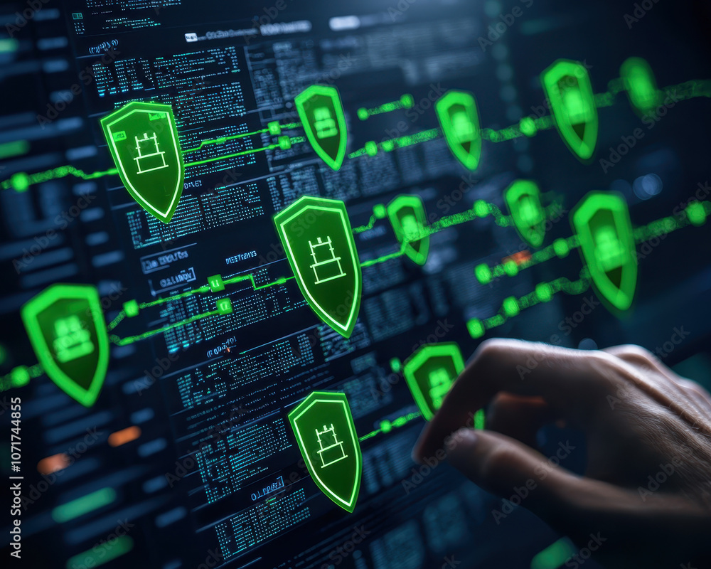 Poster close up on digital interface displaying anti virus software with green shields protecting against t