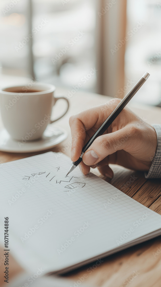 Poster close up of businessperson sketching growth strategy in notebook while enjoying coffee. focused expr