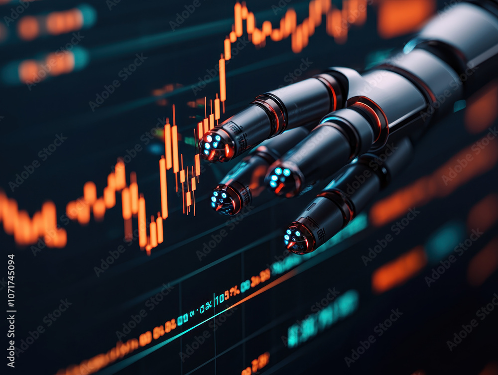 Poster futuristic robotic hand interacting with stock market data, showcasing advanced technology and ai in