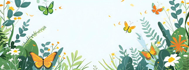 Fototapeta premium Flat design illustration of a garden, with butterflies and caterpillars 