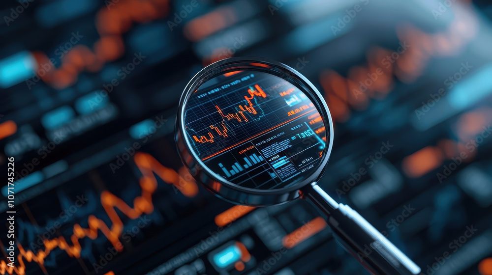 Aufkleber high tech magnifying glass focusing on financial graphs and data analysis, showcasing advanced techn