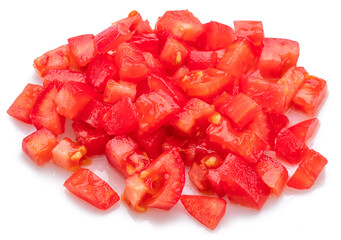 Peeled and diced fresh tomatoes isolated on white background. Macro shot.