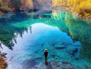 Obraz premium A serene lake scene with a person standing on the shore, surrounded by lush trees, reflecting vibrant turquoise waters and peaceful nature.