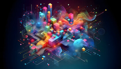 An energetic digital scene with neon-lit cubes and flowing textures, merging 3D forms and colorful gradients. The image captures the essence of digital transformation, 