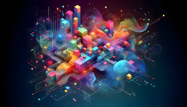 Fototapeta An energetic digital scene with neon-lit cubes and flowing textures, merging 3D forms and colorful gradients. The image captures the essence of digital transformation, 