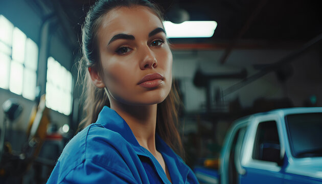 Female auto mechanic repairing, maintaining car. Beautiful woman working in a garage, wearing blue coveralls