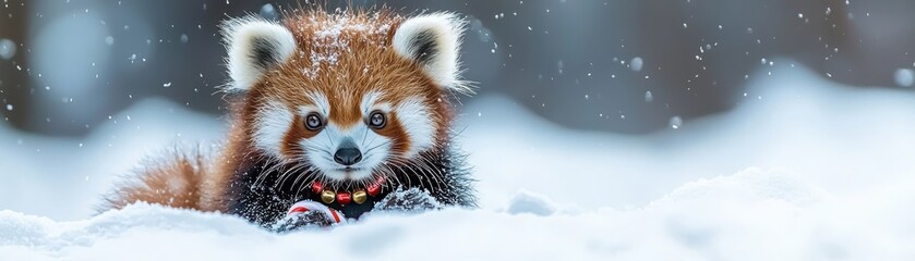 Fototapeta premium Adorable baby red panda wears a festive red and gold jingle bell collar in the snow