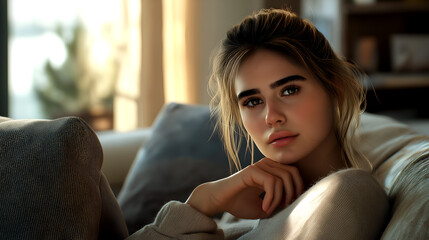 Thoughtful young woman relaxing on a cozy couch, gazing thoughtfully with a serene expression in a well-lit living room