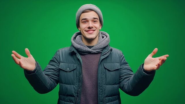 Young man wearing winter clothes is smiling and gesturing with his hands as if he is holding something on a green screen background