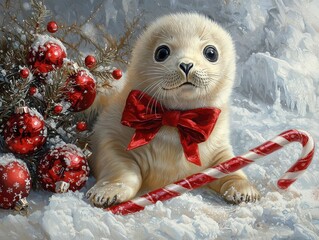 Fototapeta premium Adorable baby seal pup wears red velvet bow with jingle bells for a festive winter look