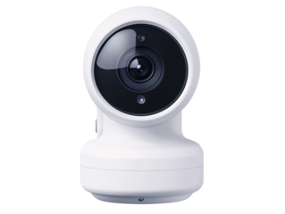 a white camera with a round black circle