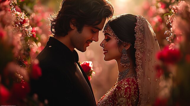 Indian bride in a traditional wedding dress and Indian groom in a formal sherwani share their first married kiss