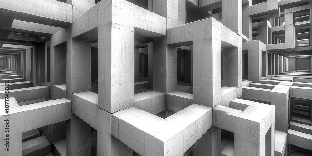 Poster abstract concrete structure with interlocking rectangular frames