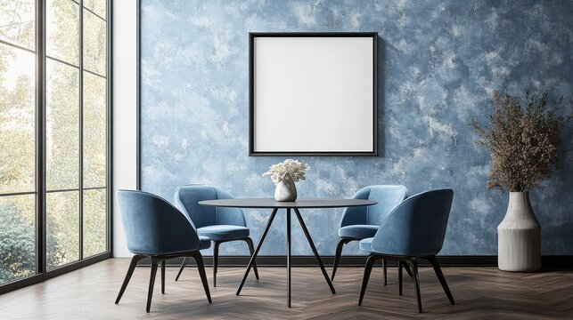 Modern minimalist restaurant design, with a light blue floral wallpaper as the background and a simple black framed canvas as the central focus. Equipped with blue chairs and fresh floral vases