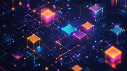 Abstract digital background with glowing neon cubes and lines.