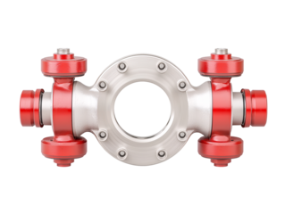 a red and silver metal object with a circular hole