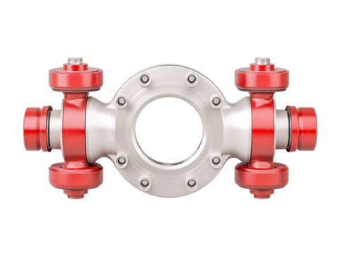 a red and silver metal object with a circular hole