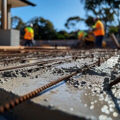 Naklejka premium Construction site with workers pouring concrete in bright sunlight.