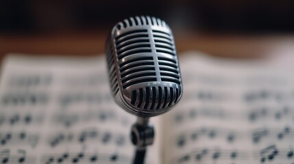 Close-up of a classic microphone positioned over sheet music, highlighting a blend of music and performance art.