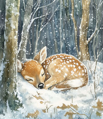 Fototapeta premium A peaceful deer sleeping in a snowy forest, illustrated in clip art style. Perfect for winter-themed designs, holiday decorations, Christmas projects