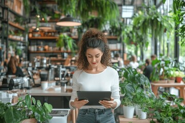 Young man working on a tablet in a modern coworking space. Generative AI