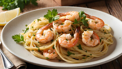 Shrimp scampi with garlic, white wine, lemon juice, and parsley on a plate of linguine.
