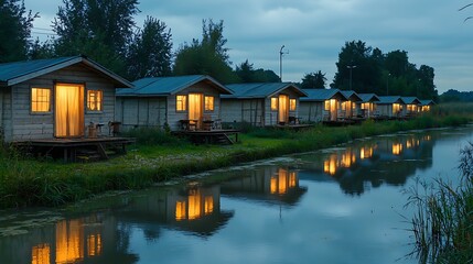Obraz premium Serene View of Old Wooden Houses Lining a Quiet Canal at Dusk, Reflecting Warm Lights on Calm Water Surrounded by Lush Greenery in a Tranquil Rural Setting