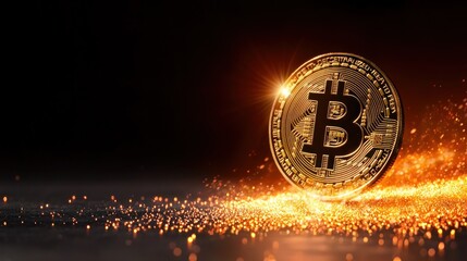 A golden Bitcoin stands prominently against a dark background, surrounded by a trail of sparkling light, symbolizing cryptocurrency's allure and potential.