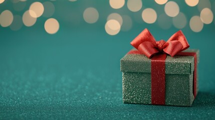 Obraz premium A beautifully wrapped gift box with a red bow sits on a teal surface, surrounded by soft, glowing lights, perfect for festive celebrations.