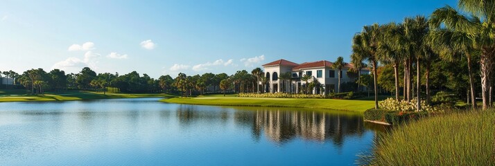 Obraz premium Luxurious homes nestled in a serene Florida community with stunning waterfront views, lush greenery, and palm trees.