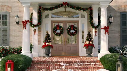 Front Door decorated for christmas Lights, and Garland for a Cozy Holiday Welcome .
