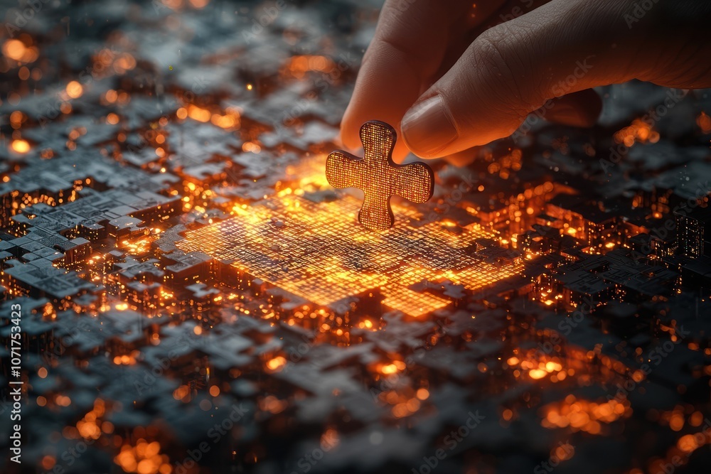 Aufkleber hand placing a glowing puzzle piece into a complex circuit board